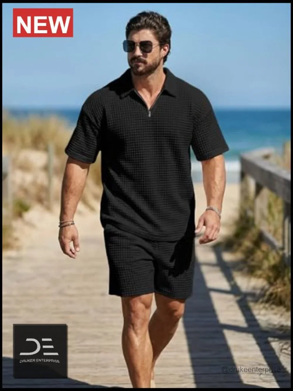 Men's 2 Piece Waffle Knit Outfit Half Zip Polo Shirt and Shorts Textured Summer